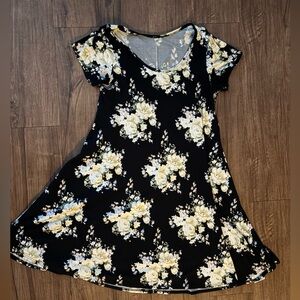 Floral Black and Cream A Line Skater Dress- Large